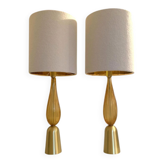 Amber and gold murano glass table lamps with bouclé lampshde