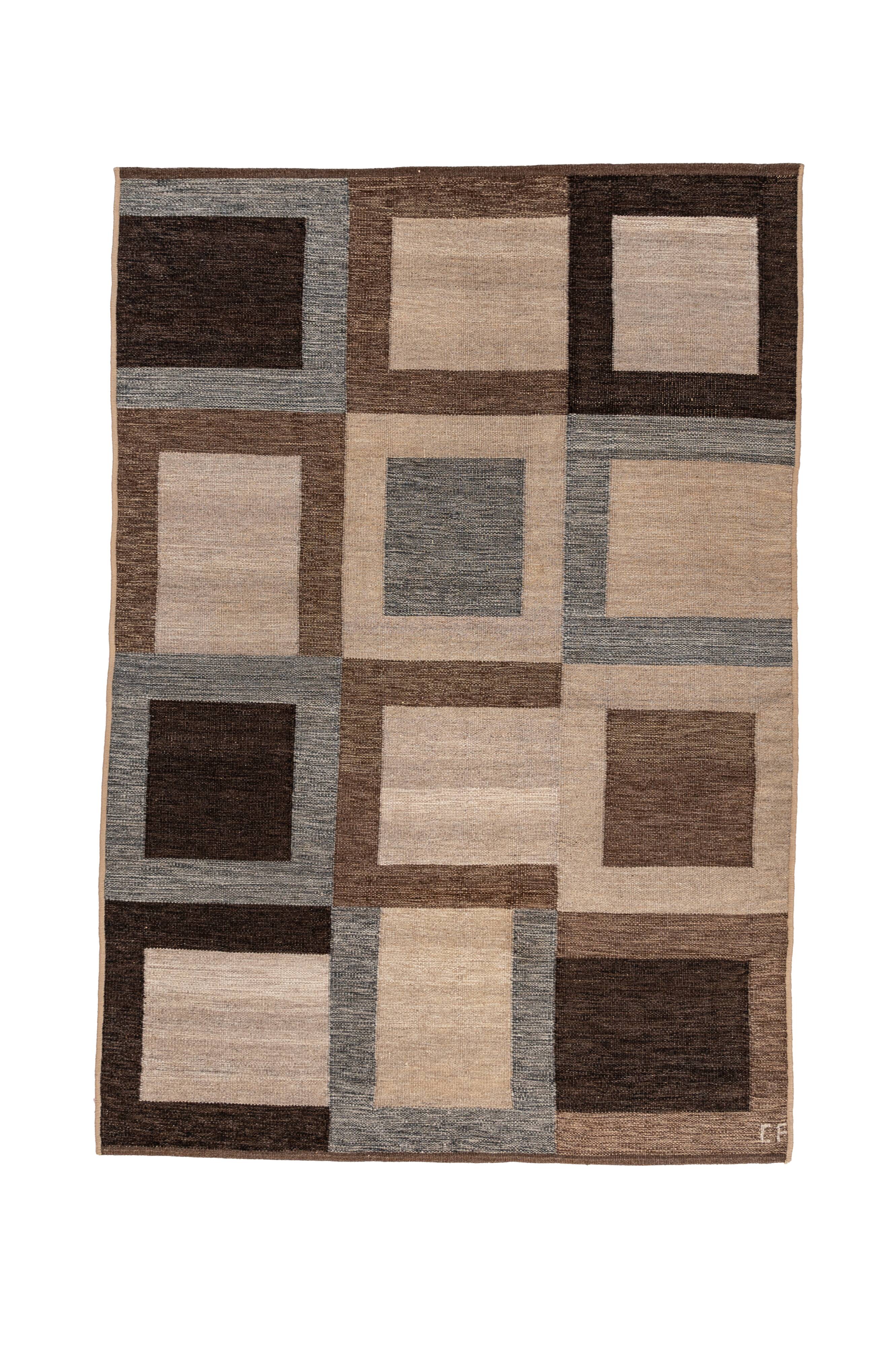 Scandinavian post modern flat weave rug by Curt Fors, signed.