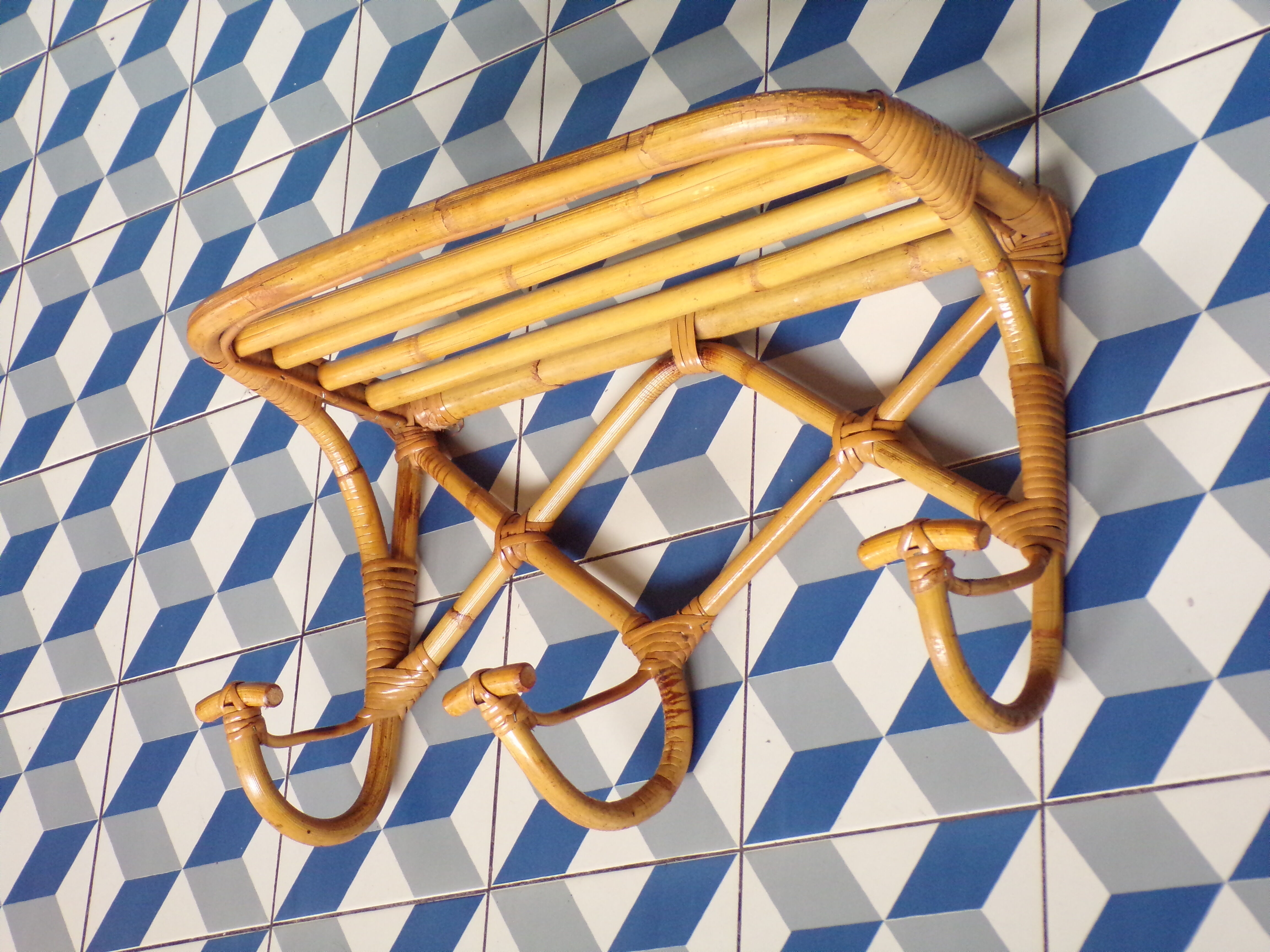 Vintage rattan coat rack with shelf