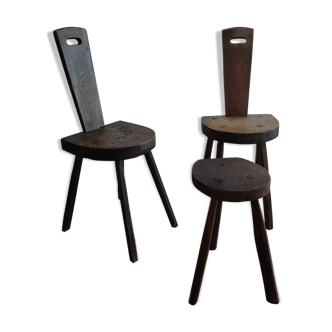 Ensemble 2 chaises & tabouret bois massif