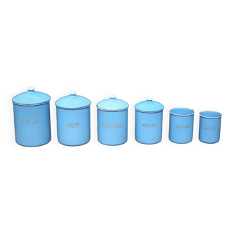 Kitchen pot series (X 6), blue enameled pots, spice pots, Belgium, enameled boxes