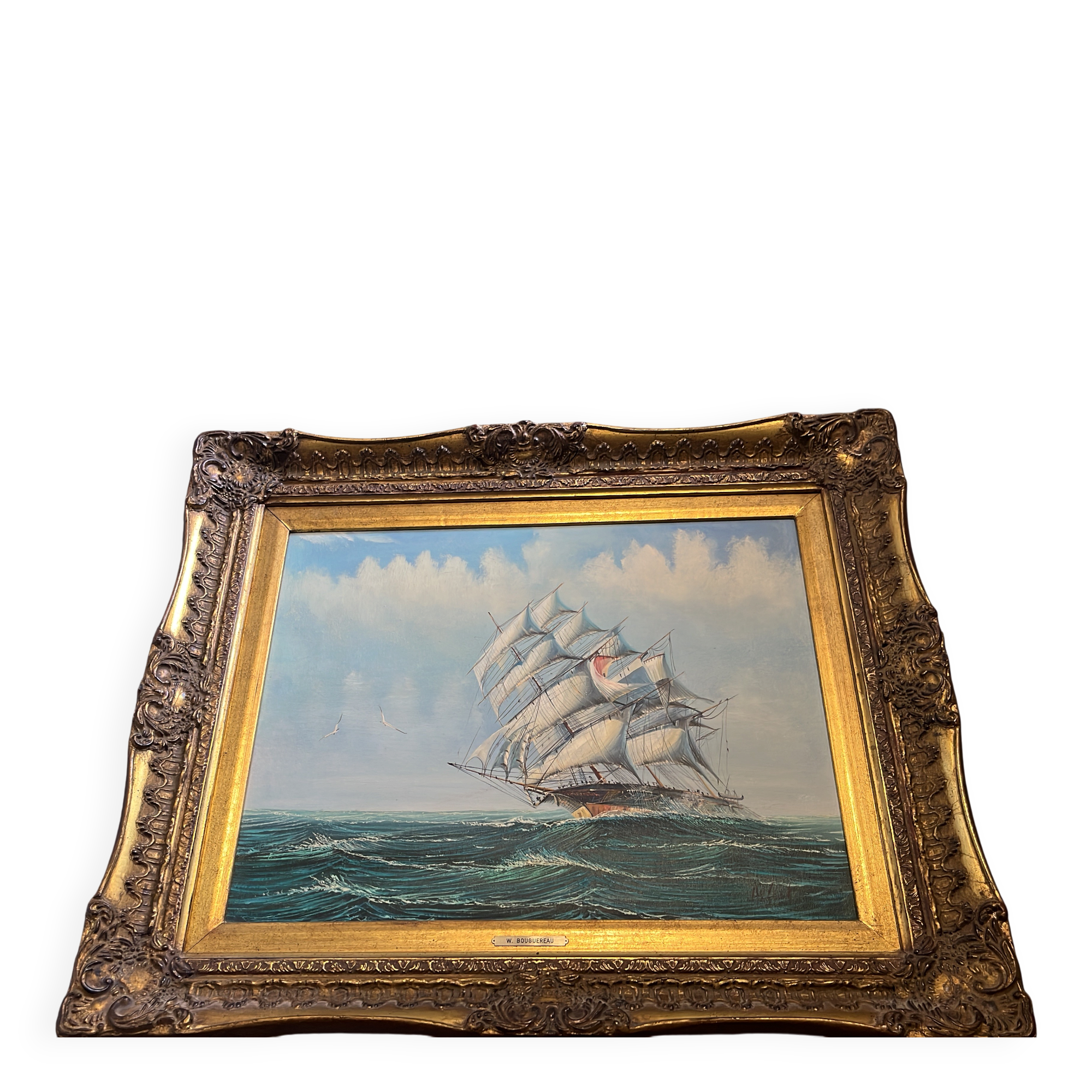 Maritime tableau 3 masts gold frame, sculpted