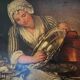 Tableau : huile sur toile d’une ménagère astiquant l’argenterie