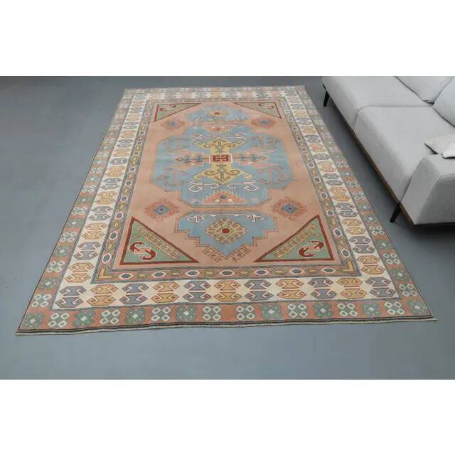 1970s Vintage Turkish Oushak Handmade Wool Cotton Blue Area Rug 220x310