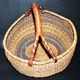 Vintage round basket in woven straw and leather - ethnic decorative ball basket