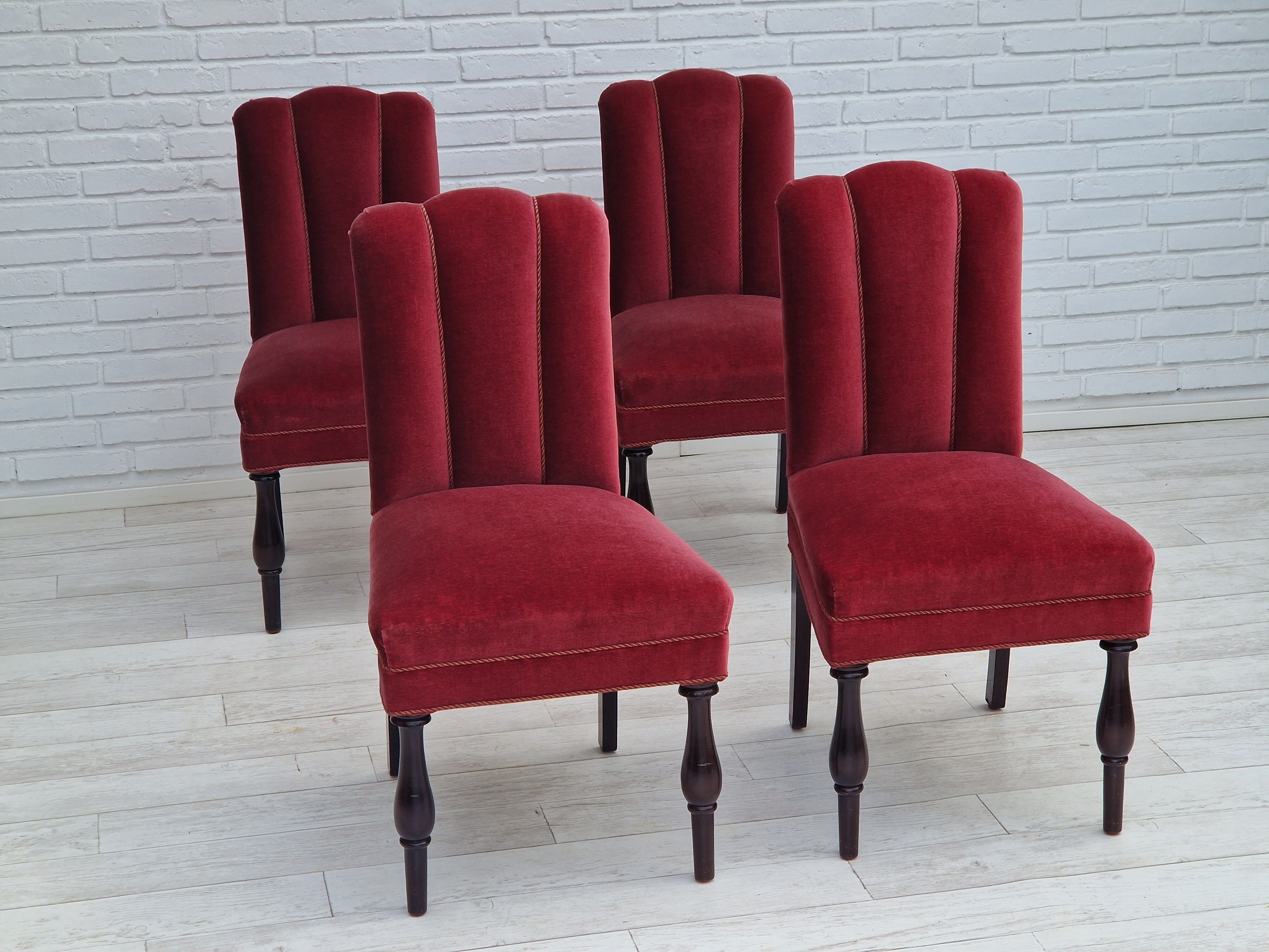 Set of 4 dinning chairs, oak wood, cherry-red velour, 1950s, danish design