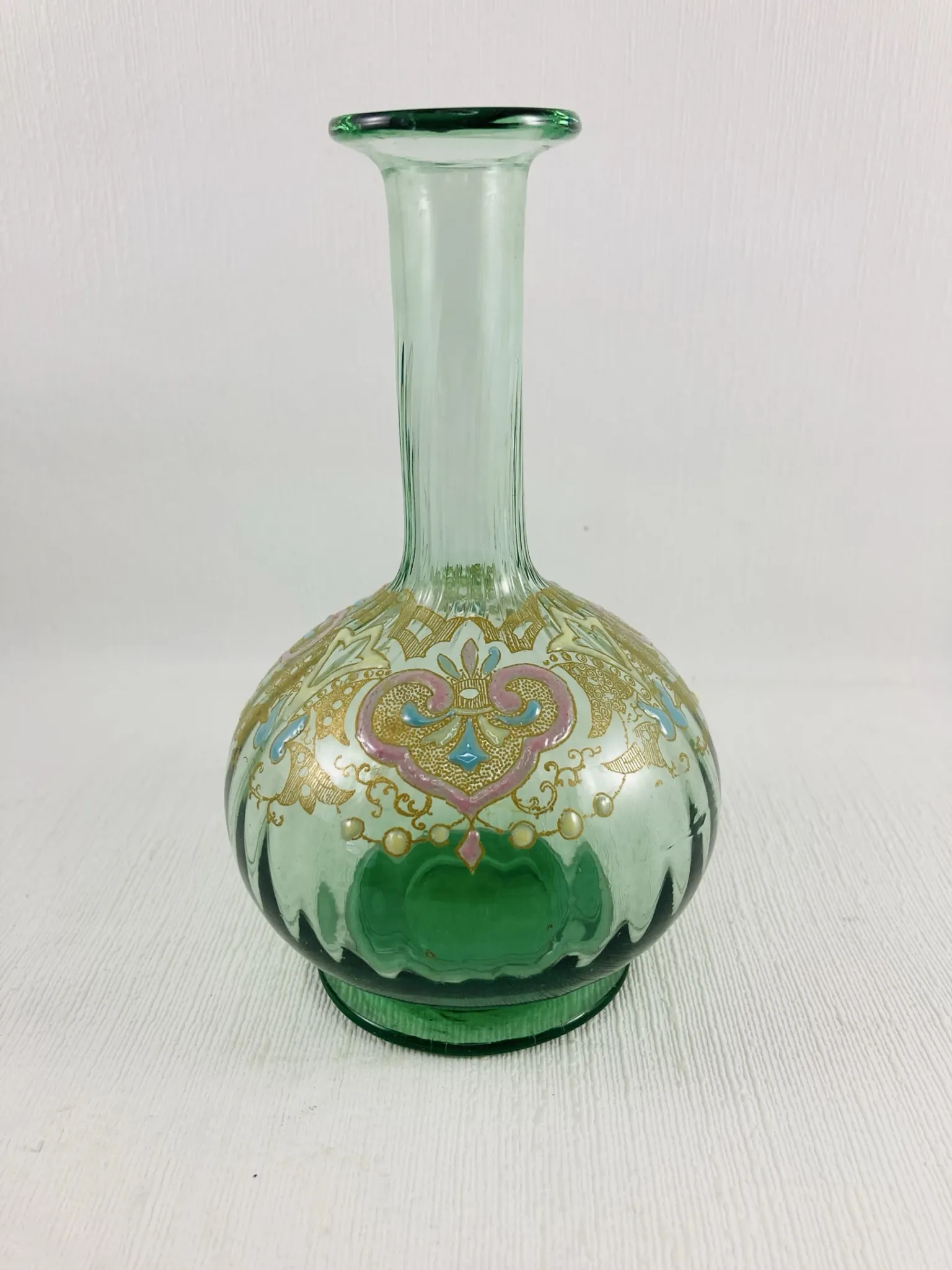 Moser Type Green Enamelled Glass Ball Vase Soliflore - 1900