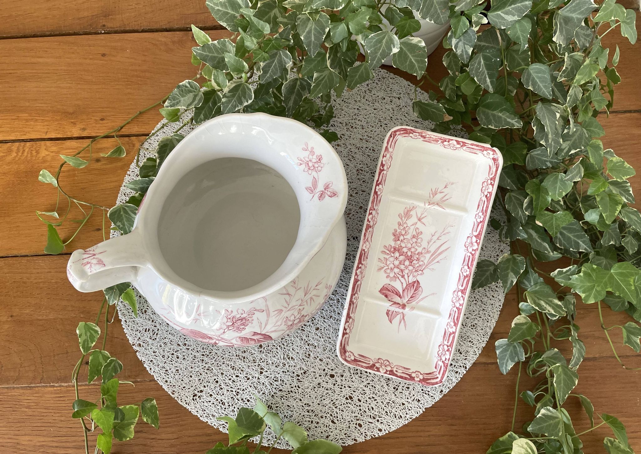 Antique earthenware jug & brush holders from Creil & Montereau