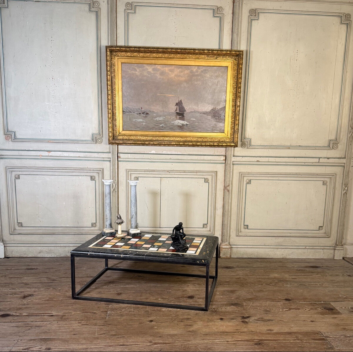 Coffee table, marble samples, custom metal base.