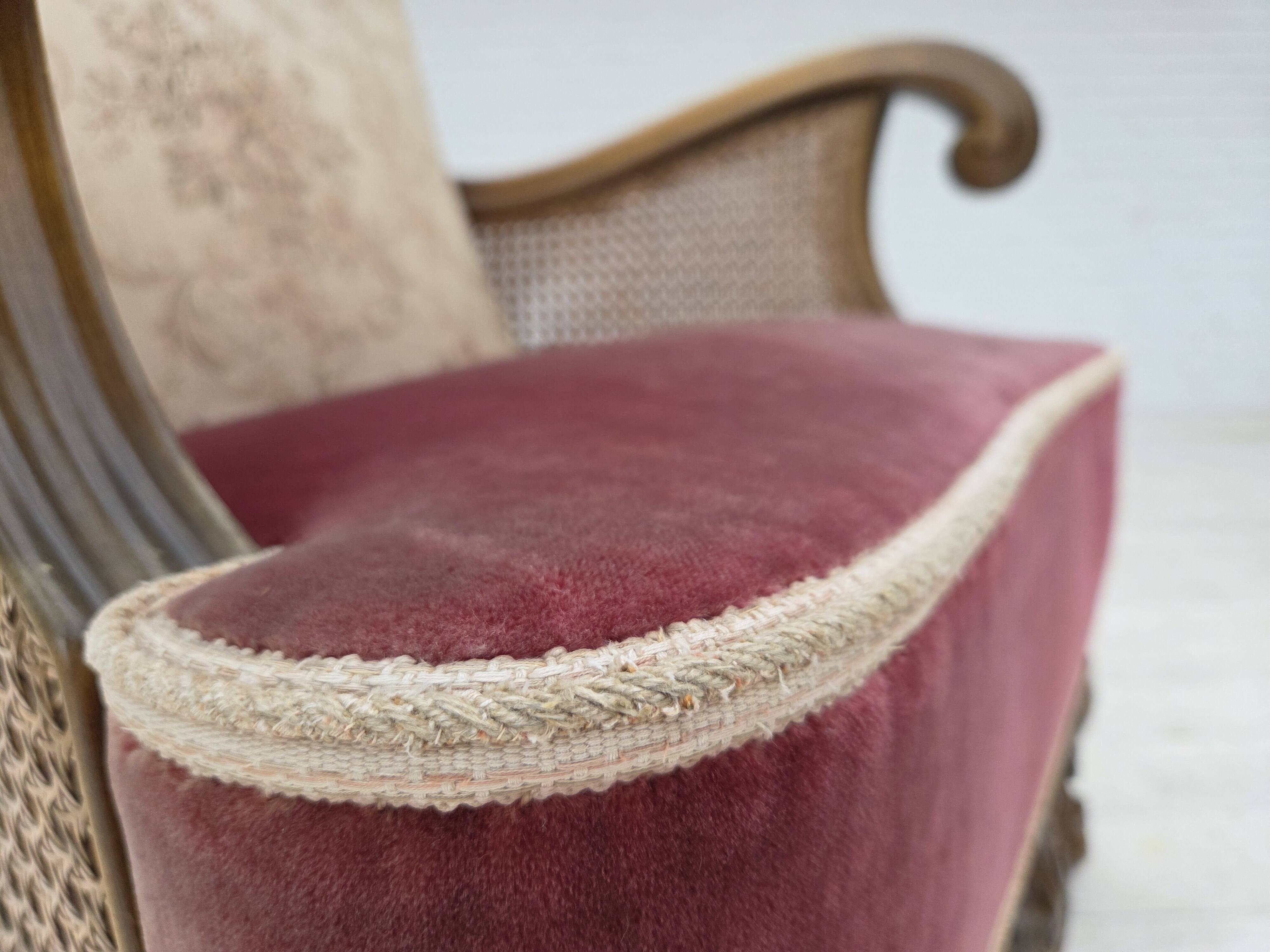 1940s, Danish armchair, woven wool, velour, mesh, carved oak wood.