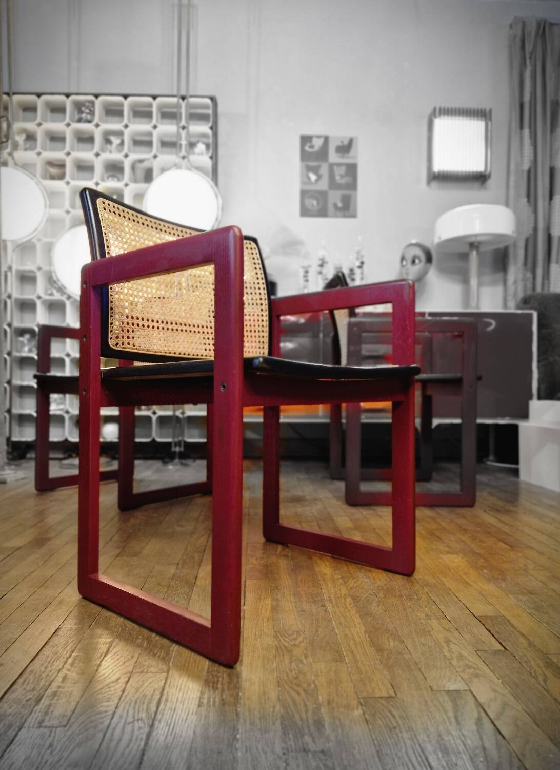 Pascal Mourgue rare set of 3 caned sleigh armchairs in lacquered wood for vintage 80s triconfort