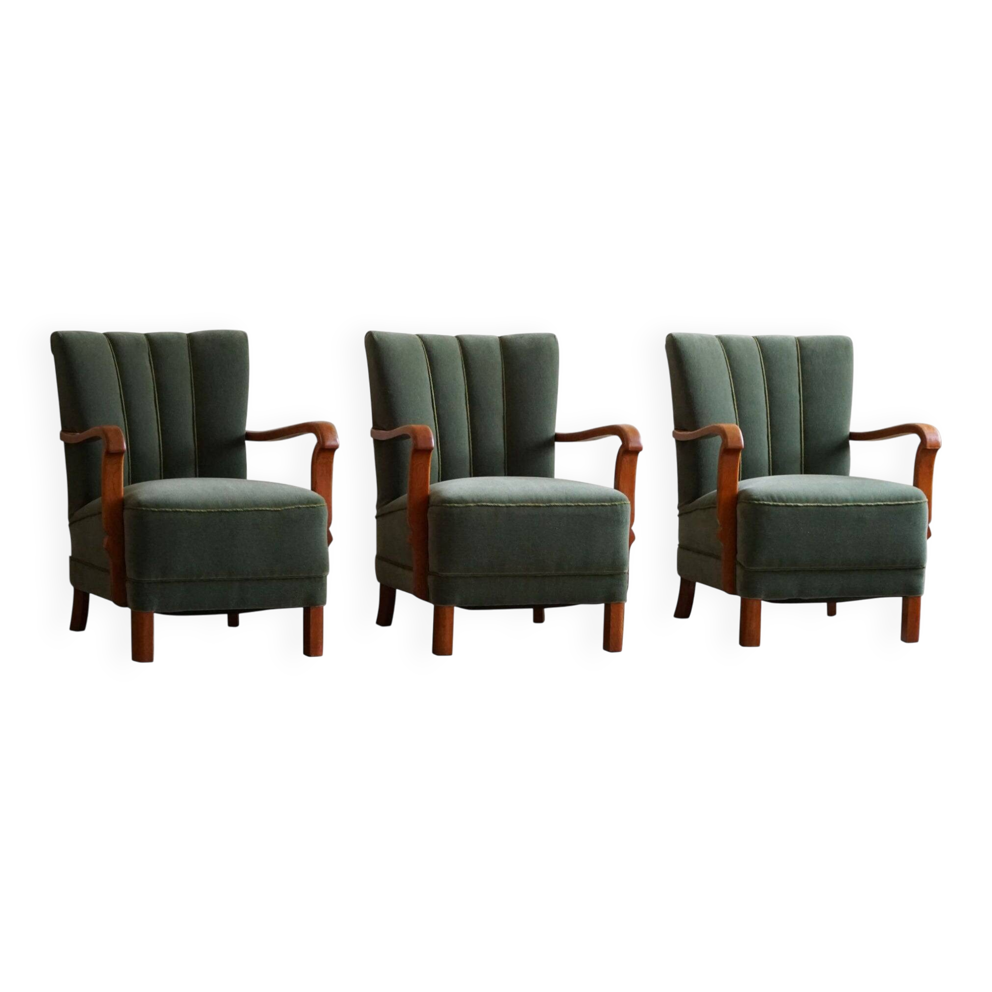 Danish Art Deco, set of 3 oak armchairs, reupholstered in green mohair, 1930s.