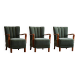 Danish Art Deco, set of 3 oak armchairs, reupholstered in green mohair, 1930s.