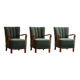 Danish Art Deco, set of 3 oak armchairs, reupholstered in green mohair, 1930s.