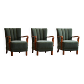 Art déco danois, ensemble de 3 fauteuils en chêne, retapissés en mohair vert, années 1930