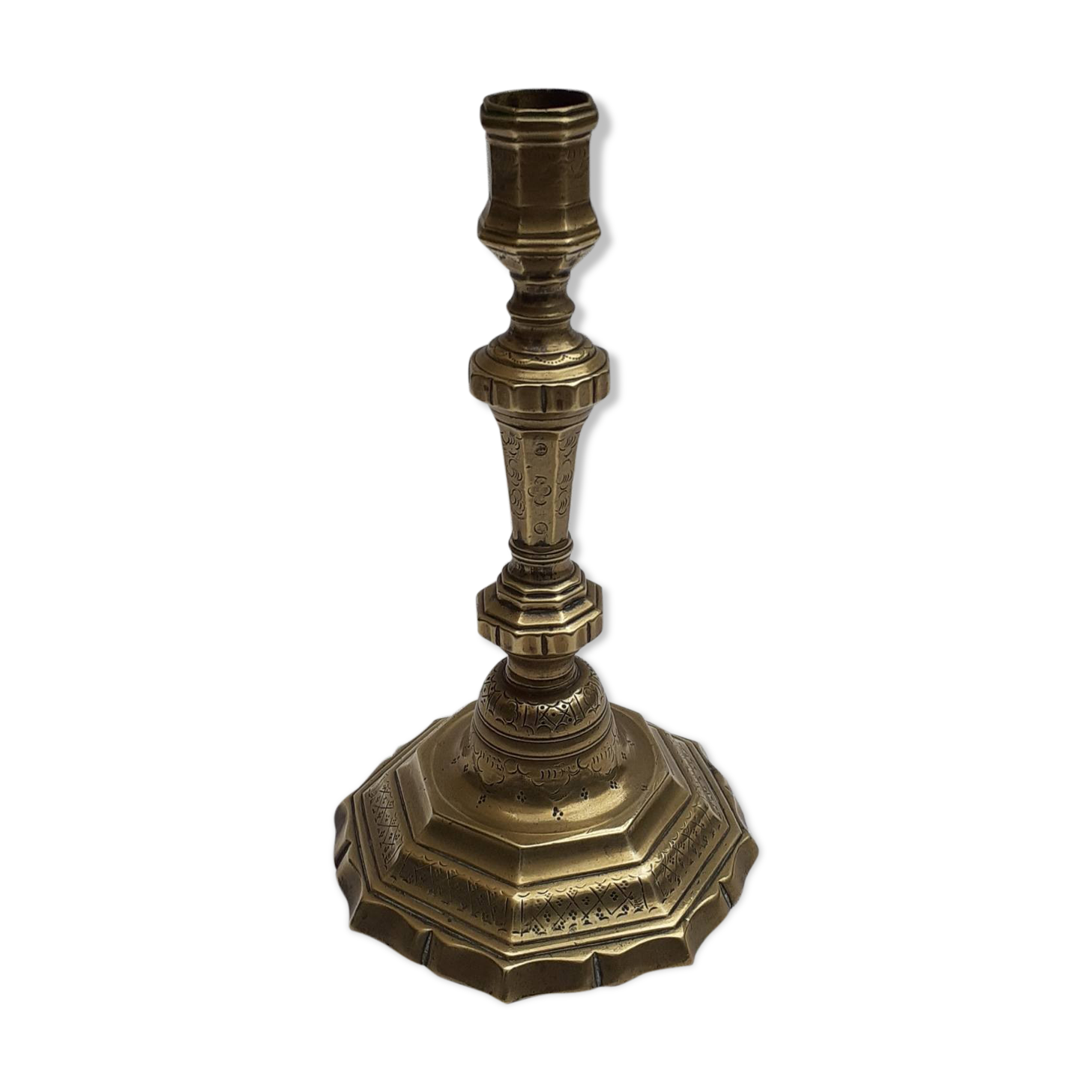 18th century brass engraved candlestick