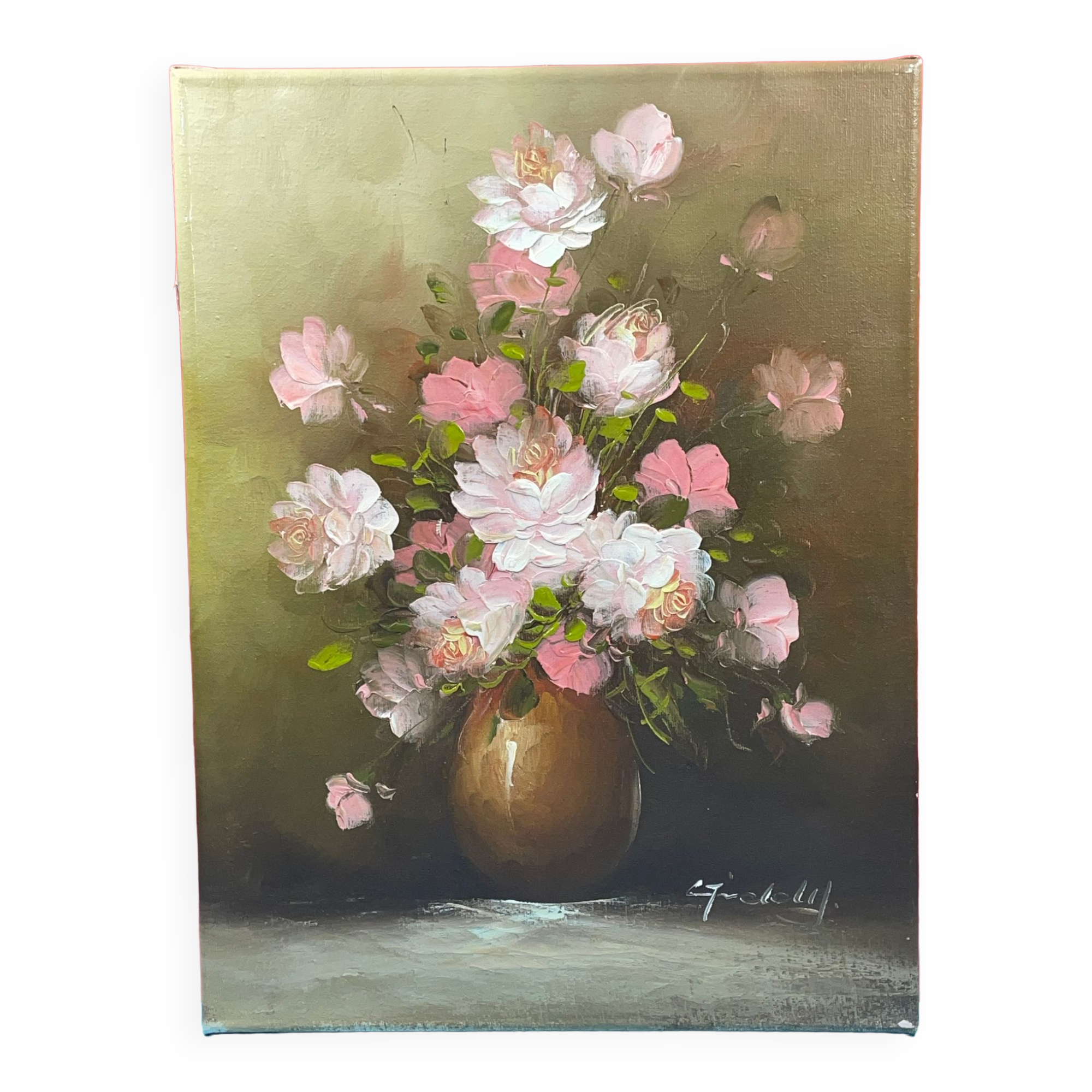 Vase au bouquet, signature à identifier, huile sur toile