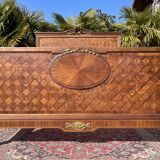 Louis XVI style marquetry & bronze bed and bedside table