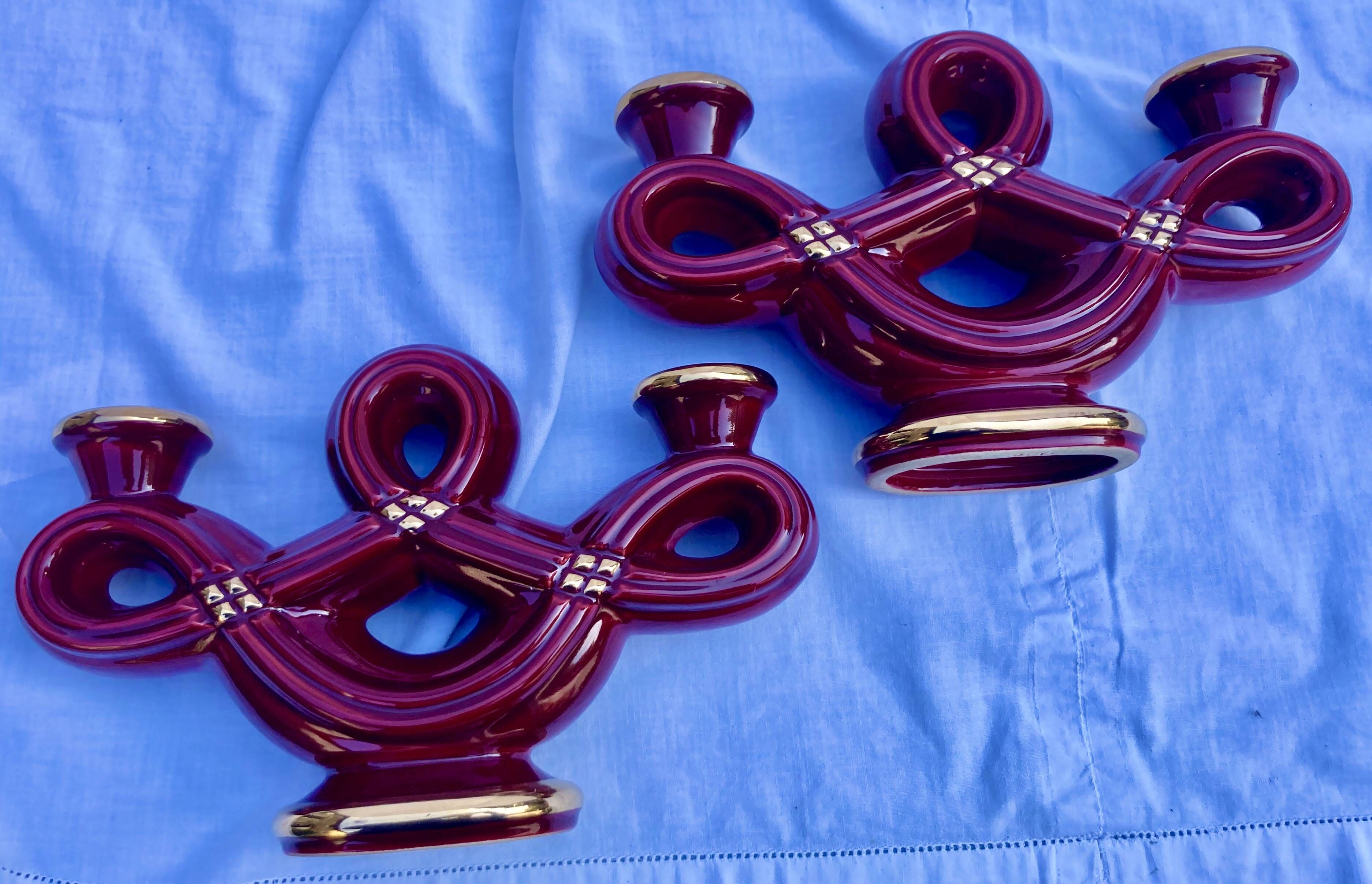 Double Candle Holder Vallauris Vintage Red Burgundy Ceramic Massier Style