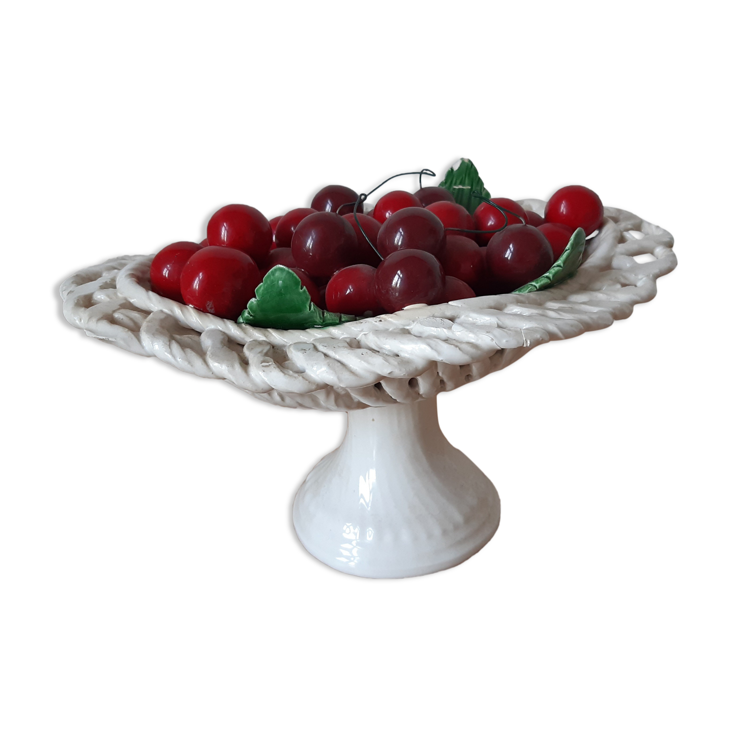 Braided basket of porcelain cherries, Bassano vintage 60s