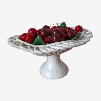 Braided basket of porcelain cherries, Bassano vintage 60s