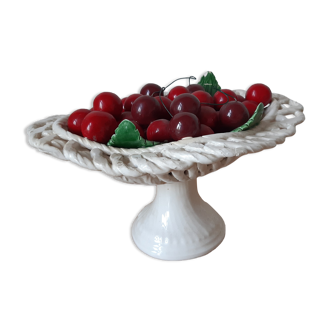 Braided basket of porcelain cherries, Bassano vintage 60s