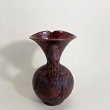 Terracotta Pitcher Vase with Enameled Interior and Engraved Wood Effect
