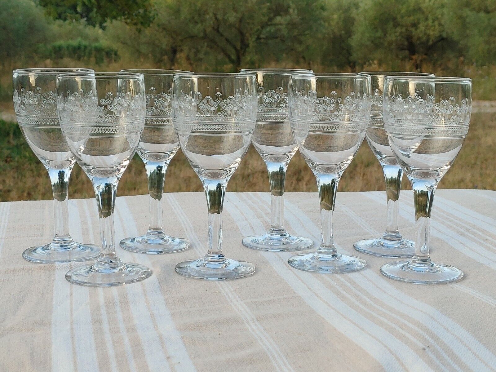 8 old white wine glasses engraved with a frieze late 19th early 20th