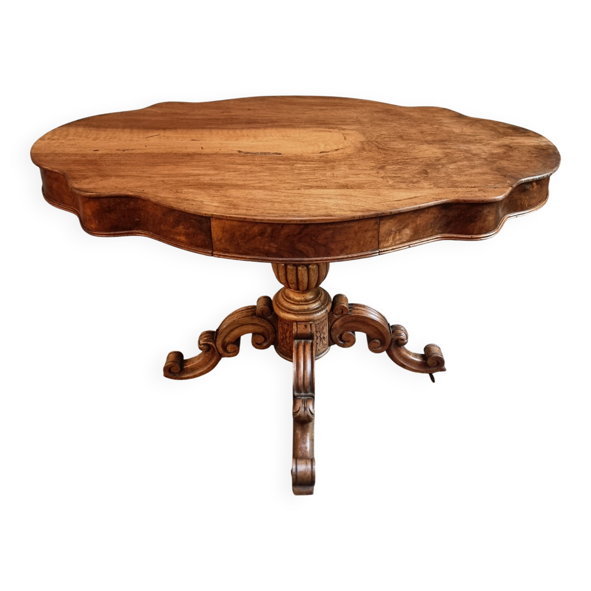 French antique walnut violin table, centre table with drawer, circa 1880–1900.