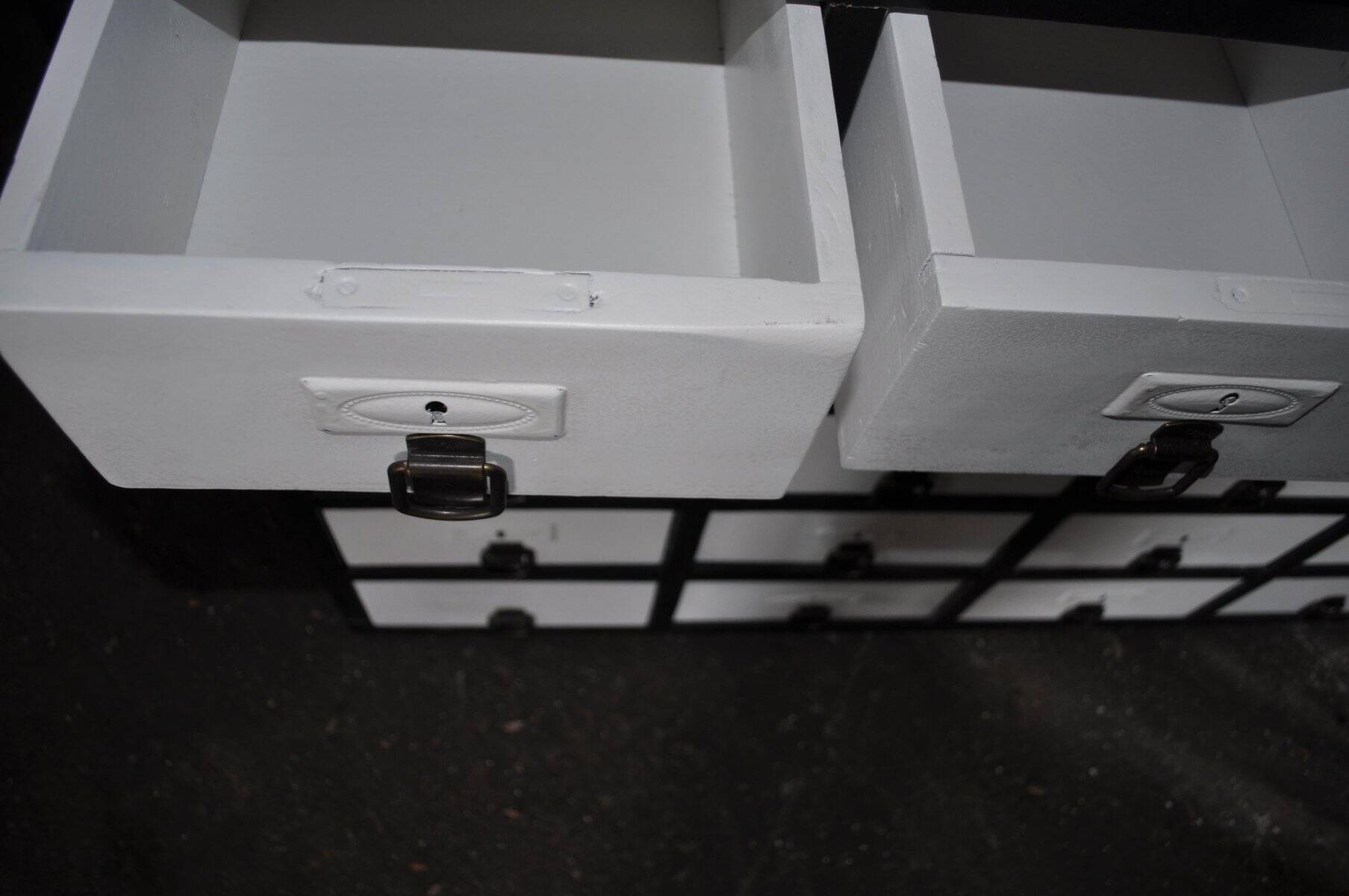 Vintage industrial chest of drawers in black and white pine, 20 drawers, 1950s apothecary style.