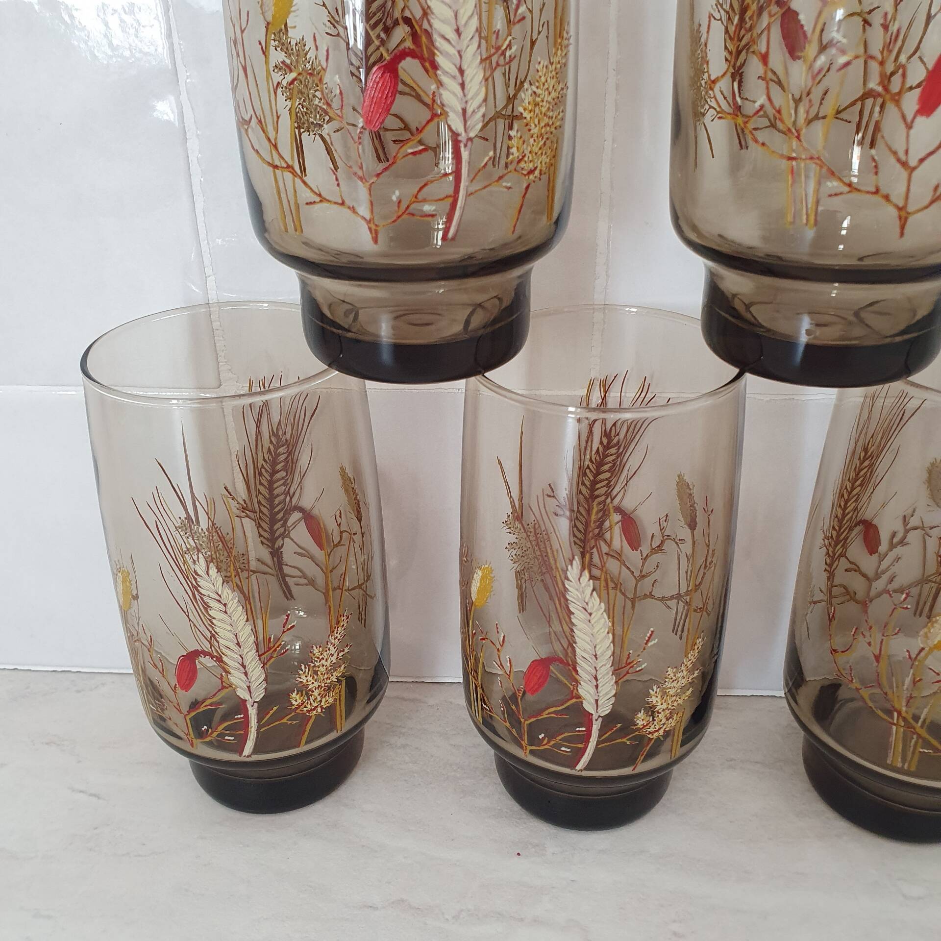 6 large smoked brown glasses