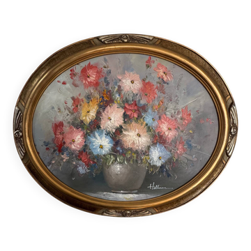 Tableau nature morte aux dahlias signé début XX siècle