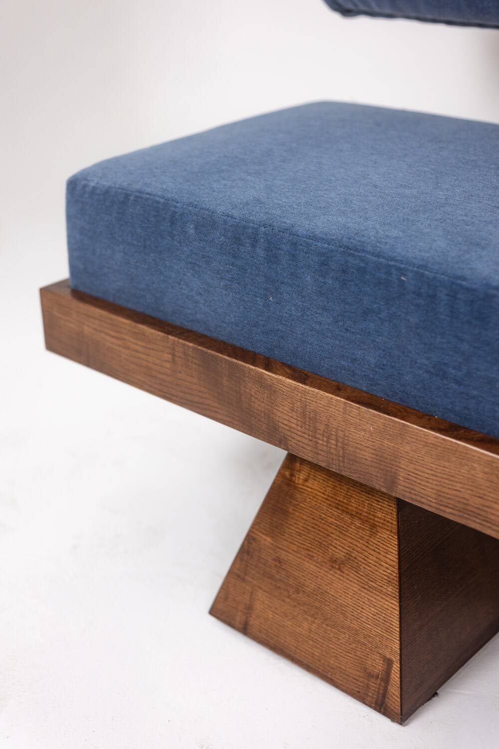 Three-seater bench in light ash and blue mohair velvet. Contemporary.