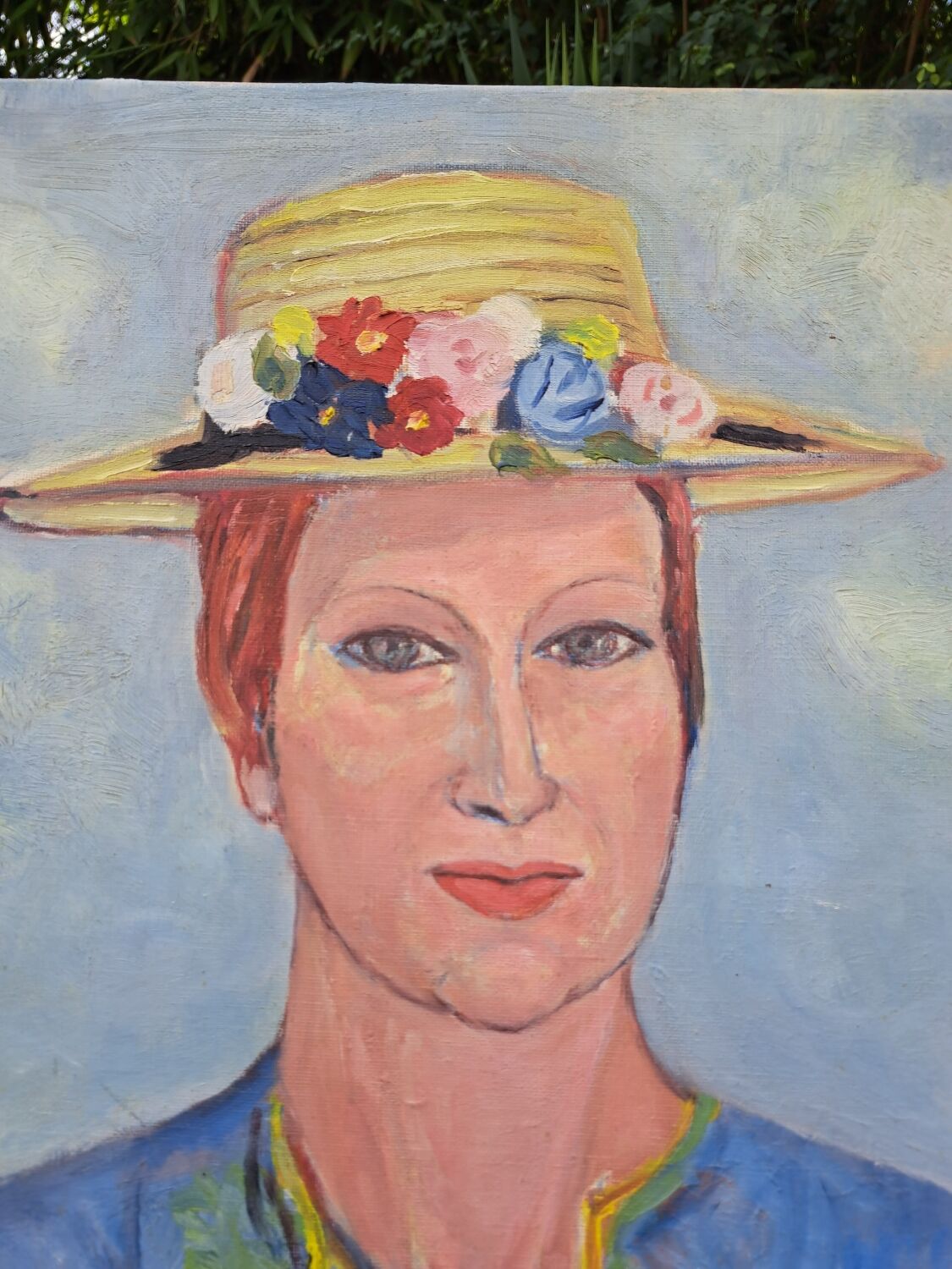 Canvas signed portrait "woman with straw hat"