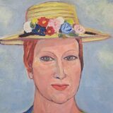Canvas signed portrait "woman with straw hat"