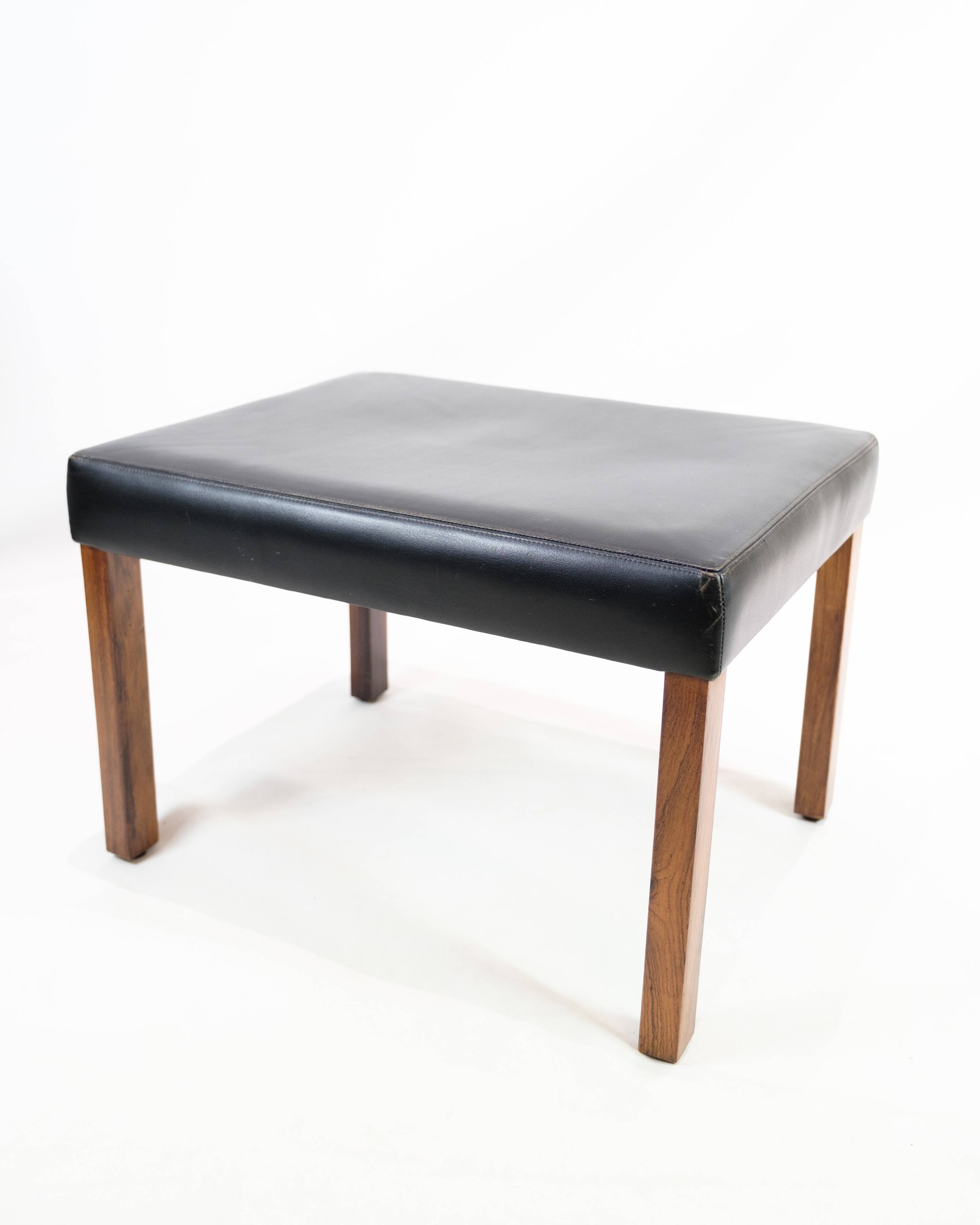 Stool Made In Black Leather & Rosewood Legs, Danish Design From 1960s