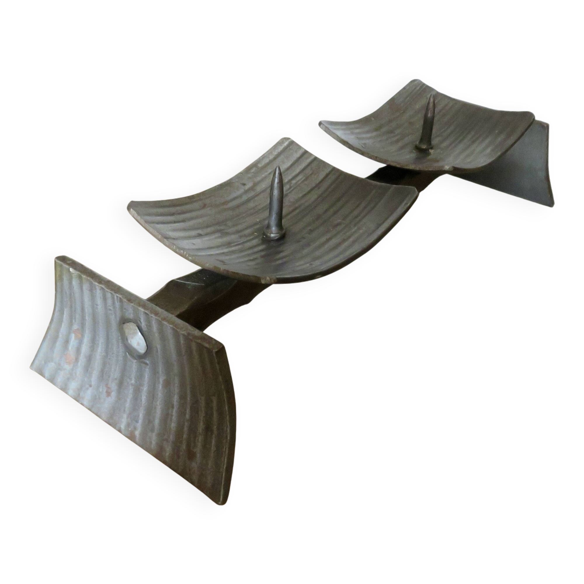 Large brutalist candlestick in the style of the Marolles workshops, raw steel.