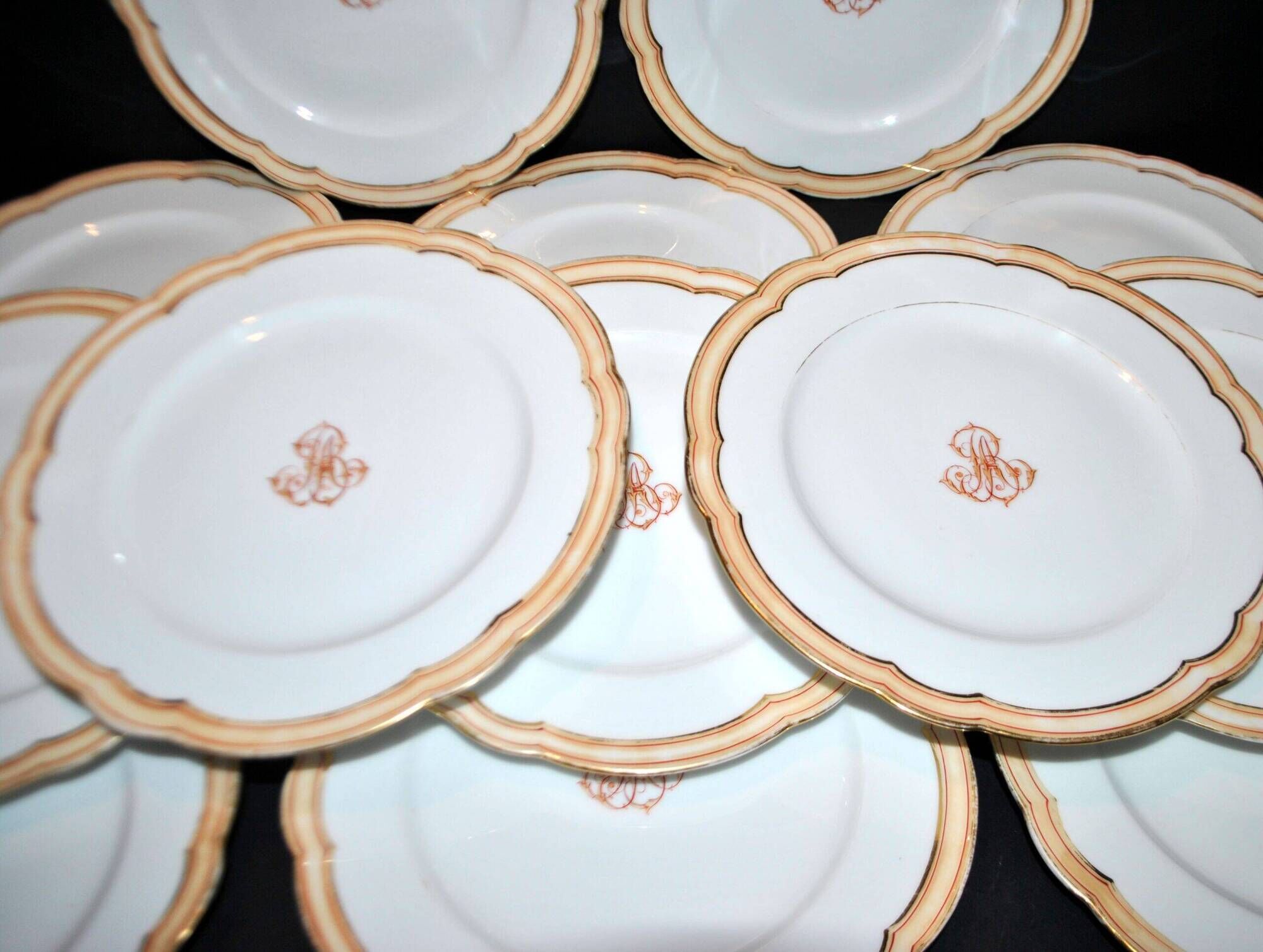 Paris porcelain set of 12 plates, dish and sauce boat, antique tableware with monogram BA.