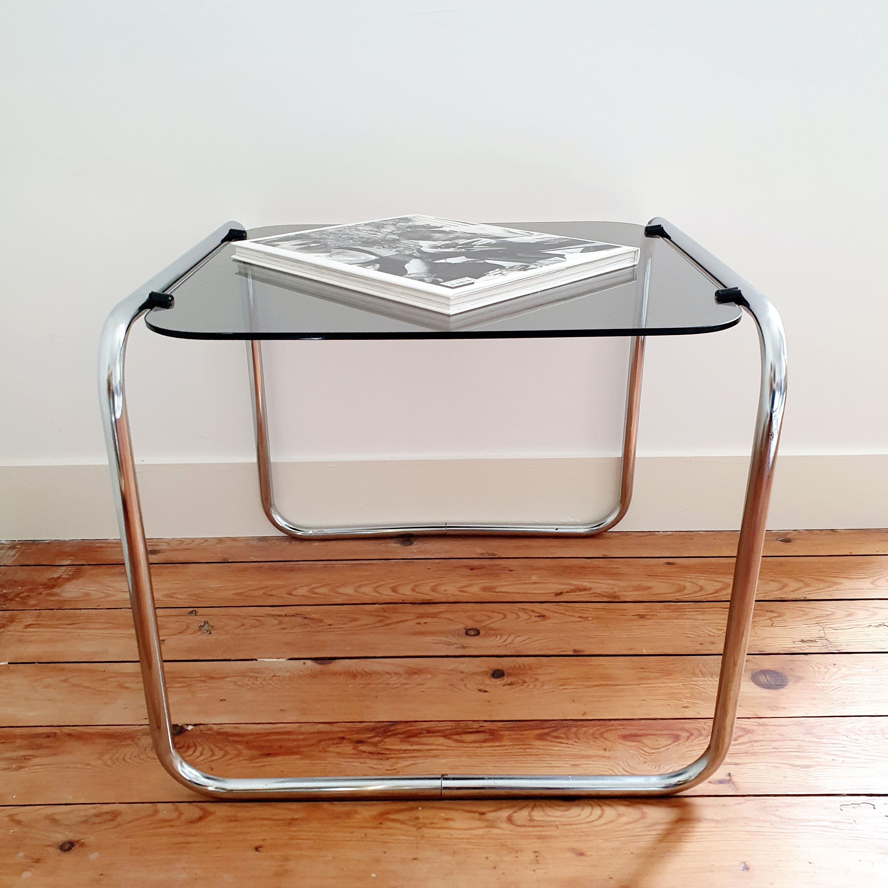 Side table chrome metal and smoked glass