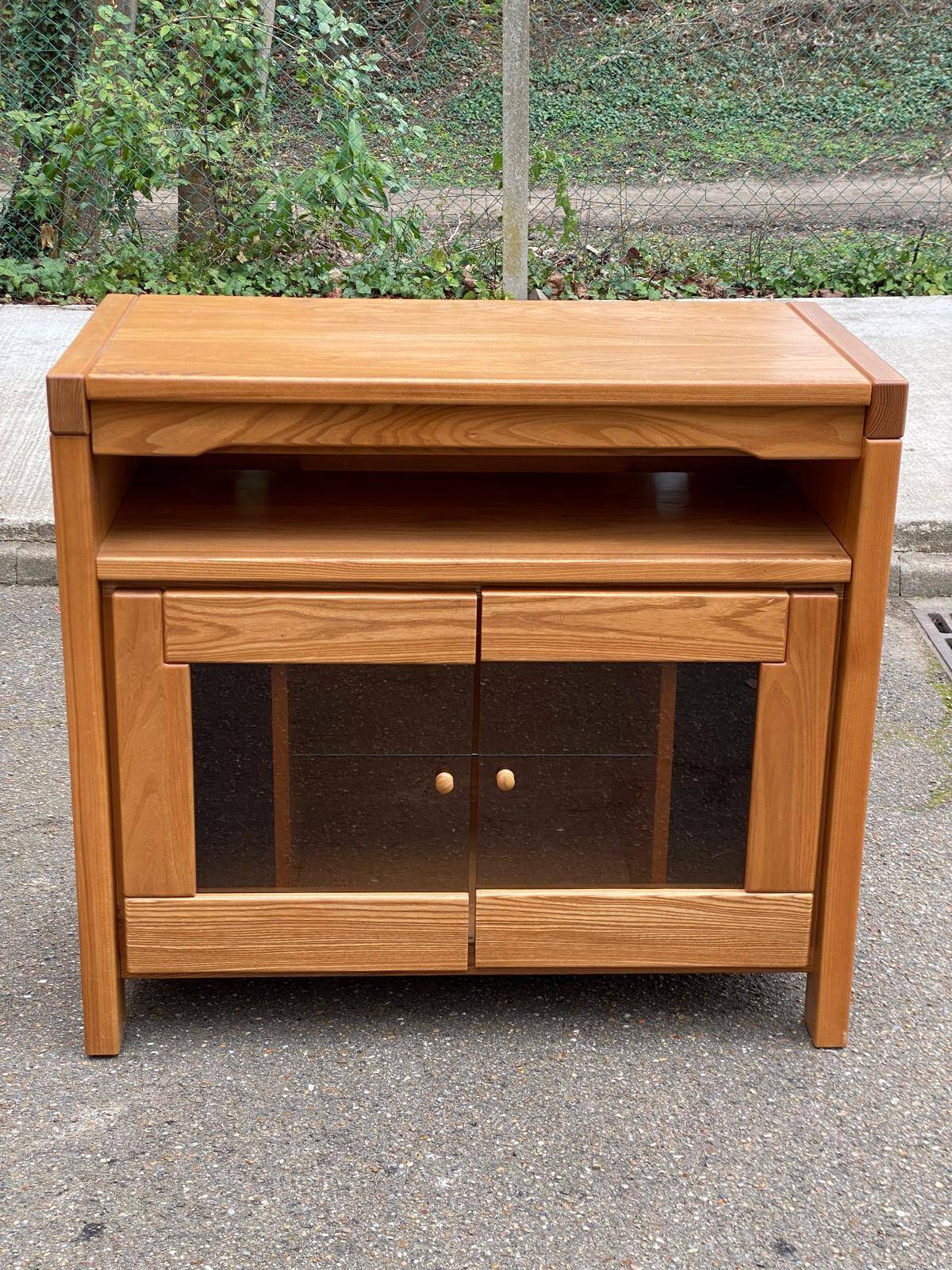Glass-fronted Scandinavian oak sideboard from the 1980s.