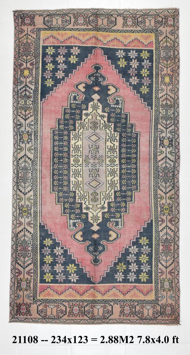 Pink & Navy Blue Persian Rug, 123x234Cm