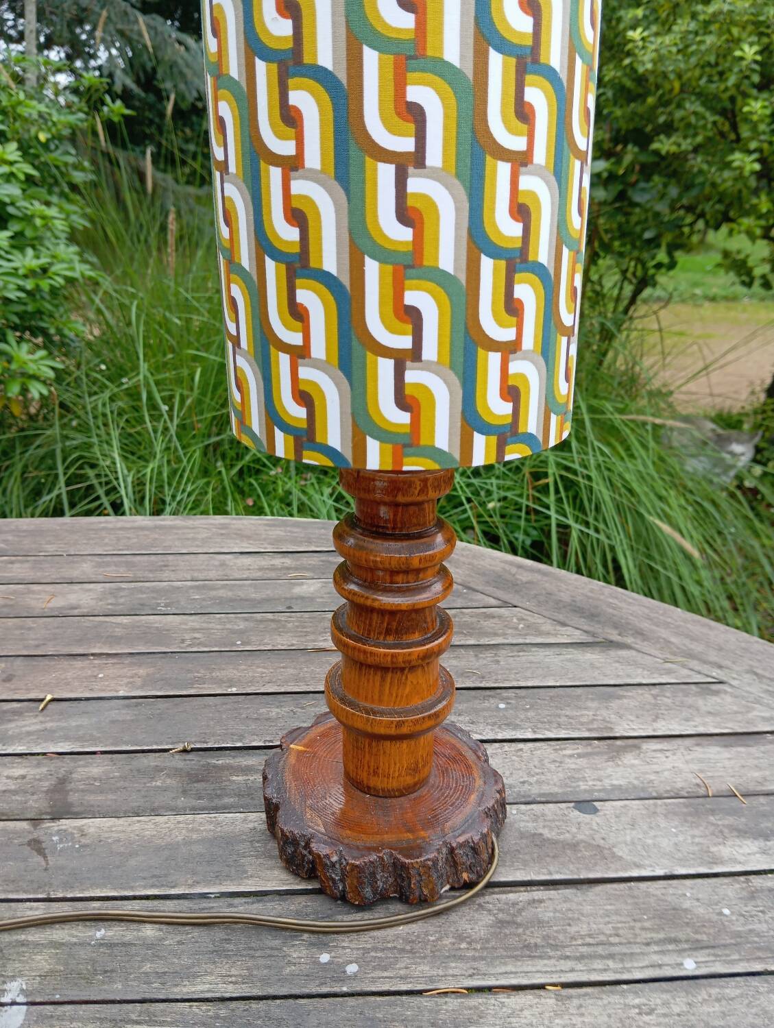 Vintage brutalist wooden table lamp, space age printed lampshade