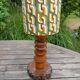 Vintage brutalist wooden table lamp, space age printed lampshade