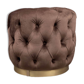 Boho round buttoned chocolate brown pouffe with brass