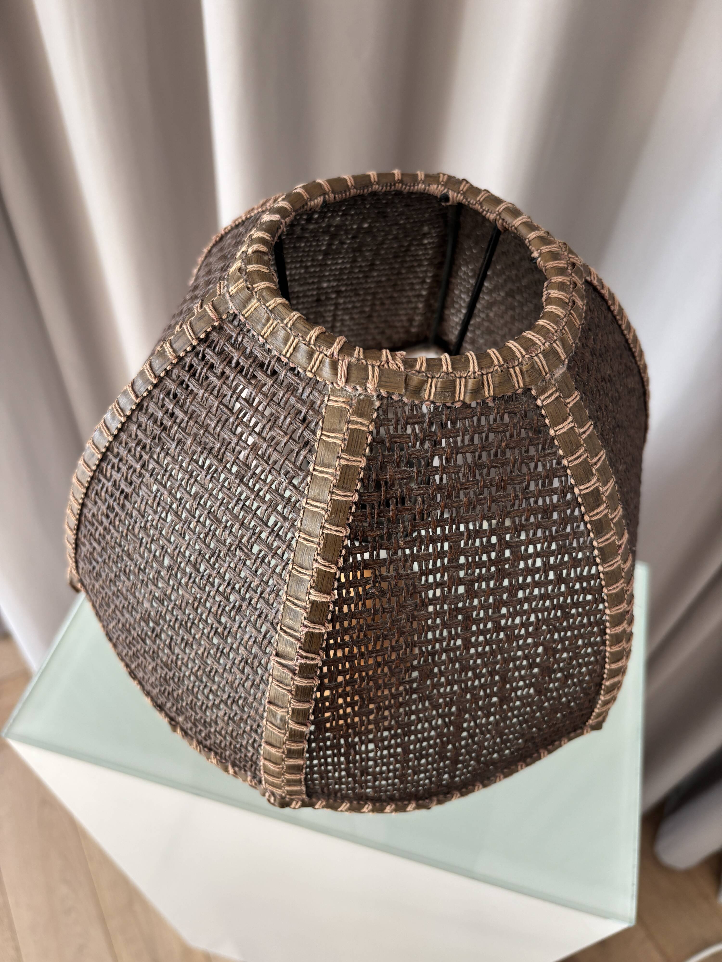 Vintage Woven Table Lamp – Wood & Rattan – 1970s