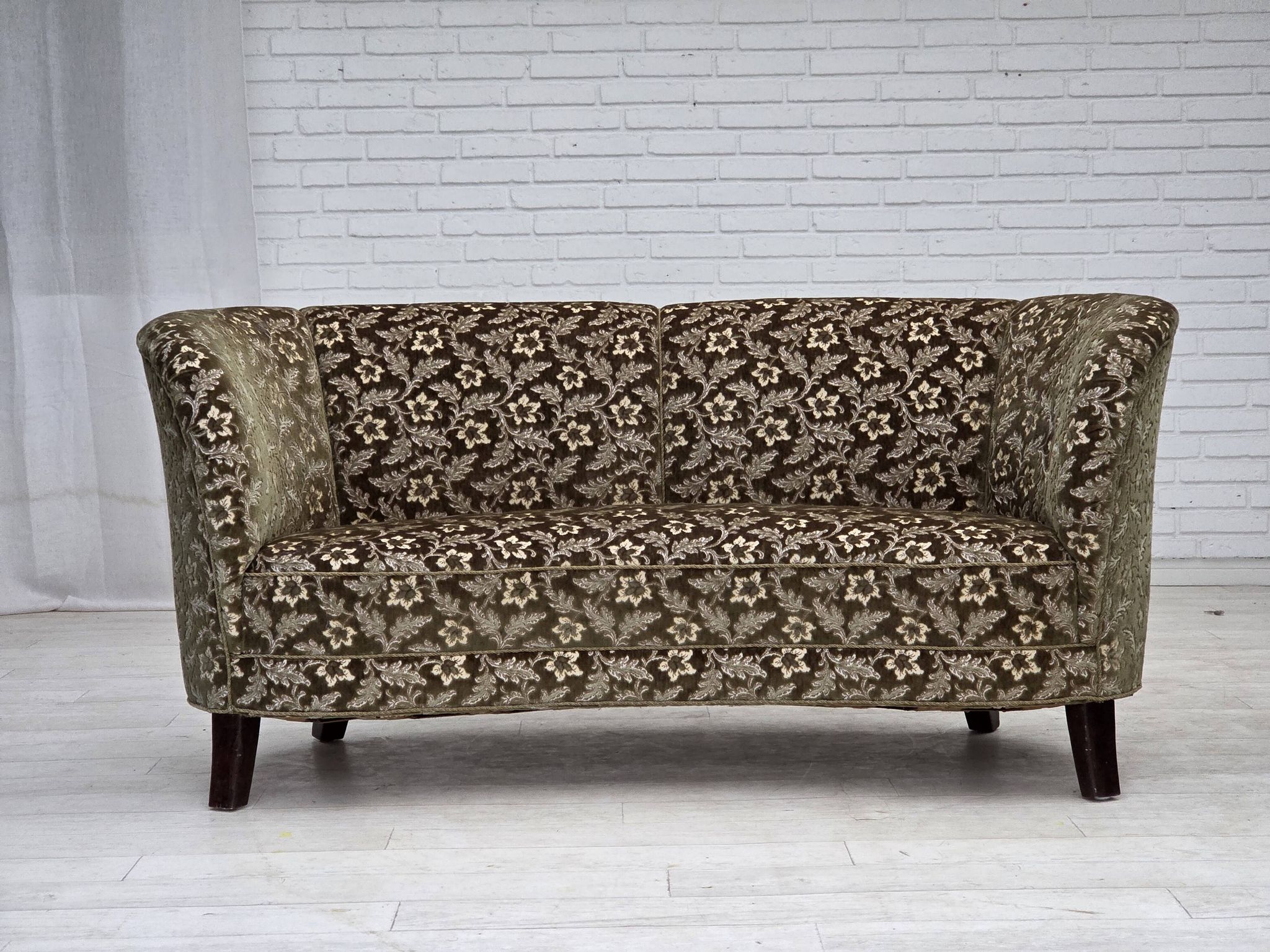 1960s, Danish curved 2-seater sofa, green furniture velour, beech wood.