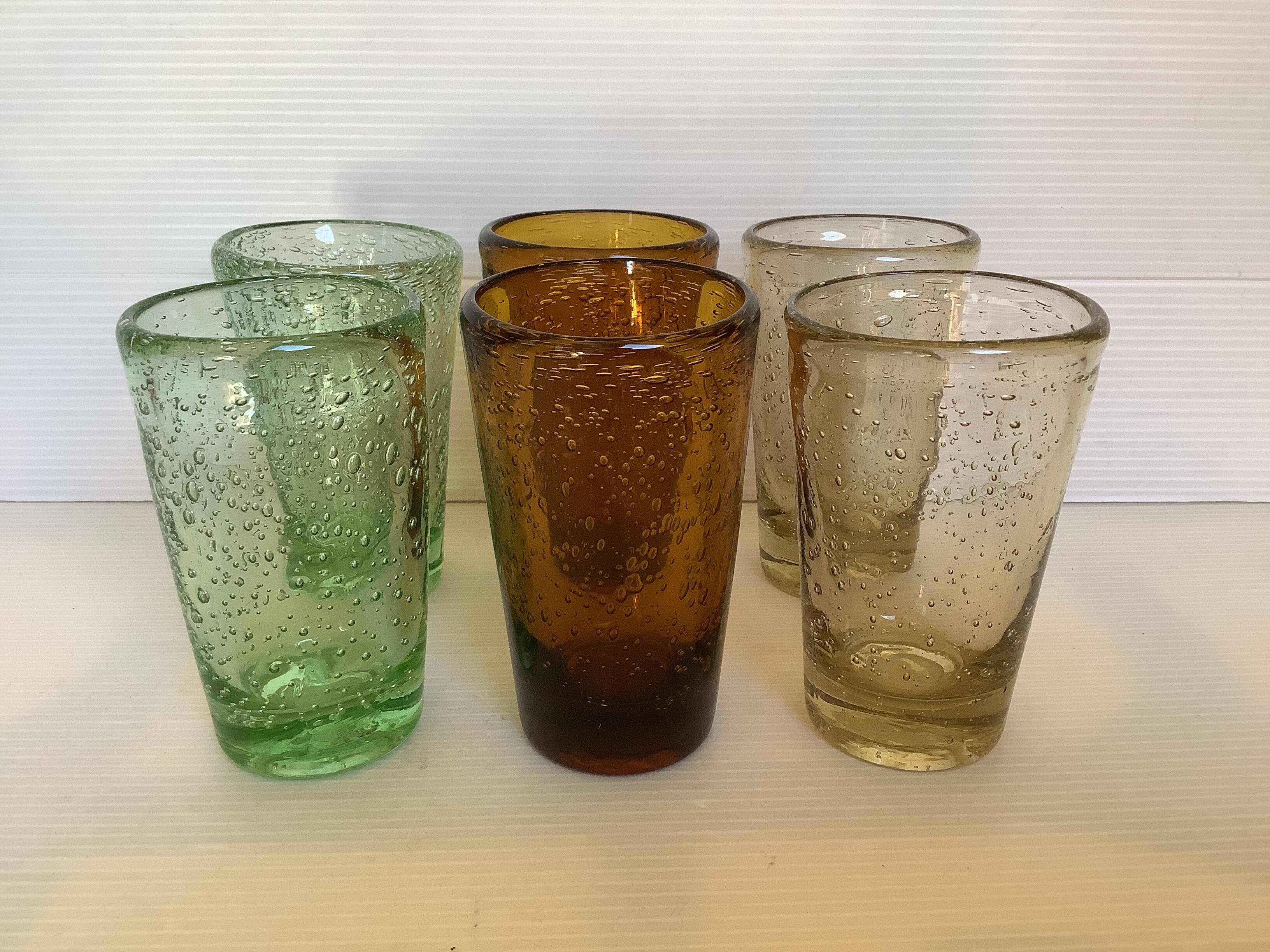 Six asymmetrical glasses with bubbles biot glassware