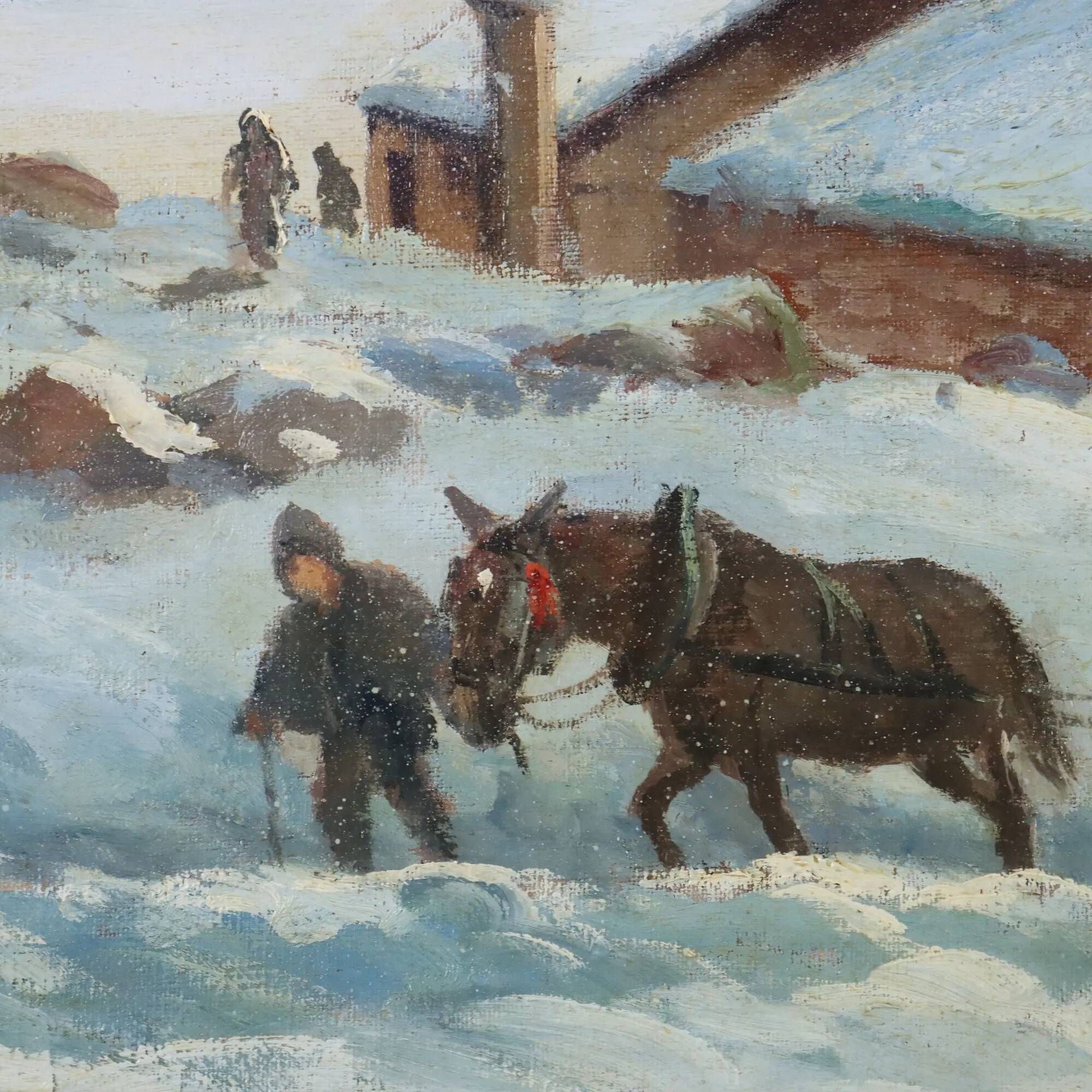 Ancient painting by Leonardo Roda, winter landscape, 19th century.