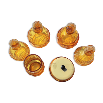 Set of 6 bottles in amber crystal cut with their cap cut around 1930