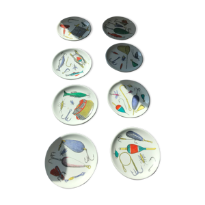 Set de 8 dessous de verre en porcelaine année 70 signé piero fornasseti la pesca
